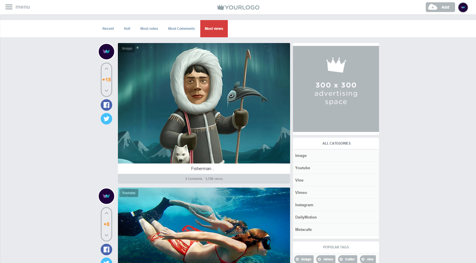 Mã nguồn trang website Video, tin tức, tải lên và chia sẻ hình ảnh
