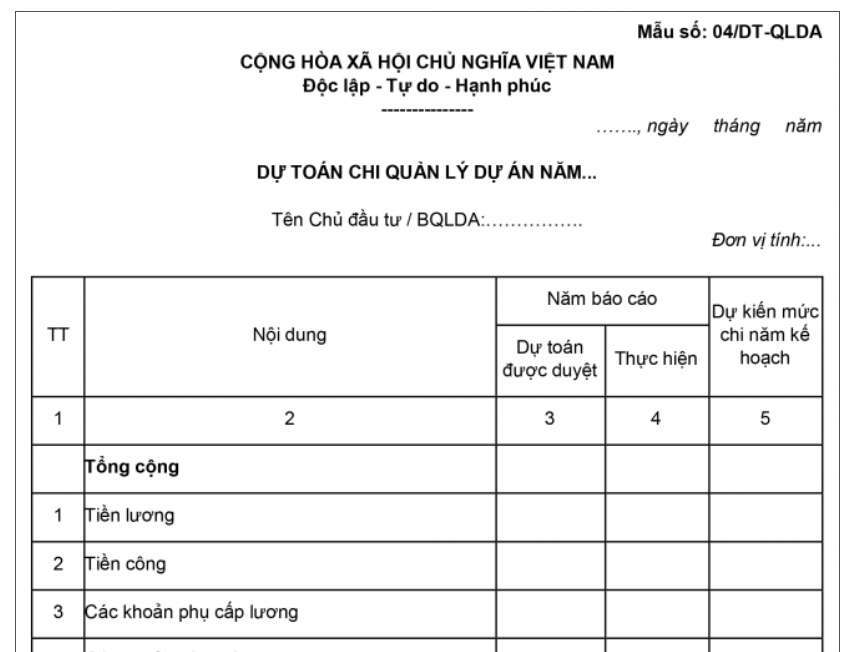 MẪU DỰ TOÁN CHI PHÍ QUẢN LÝ DỰ ÁN NĂM THEO THÔNG TƯ 72/2017/TT-BTC